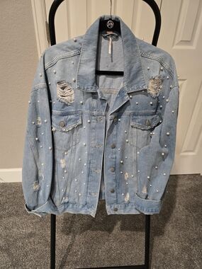 Free People Light Blue Pearl-Embellished Distressed Denim Jacket